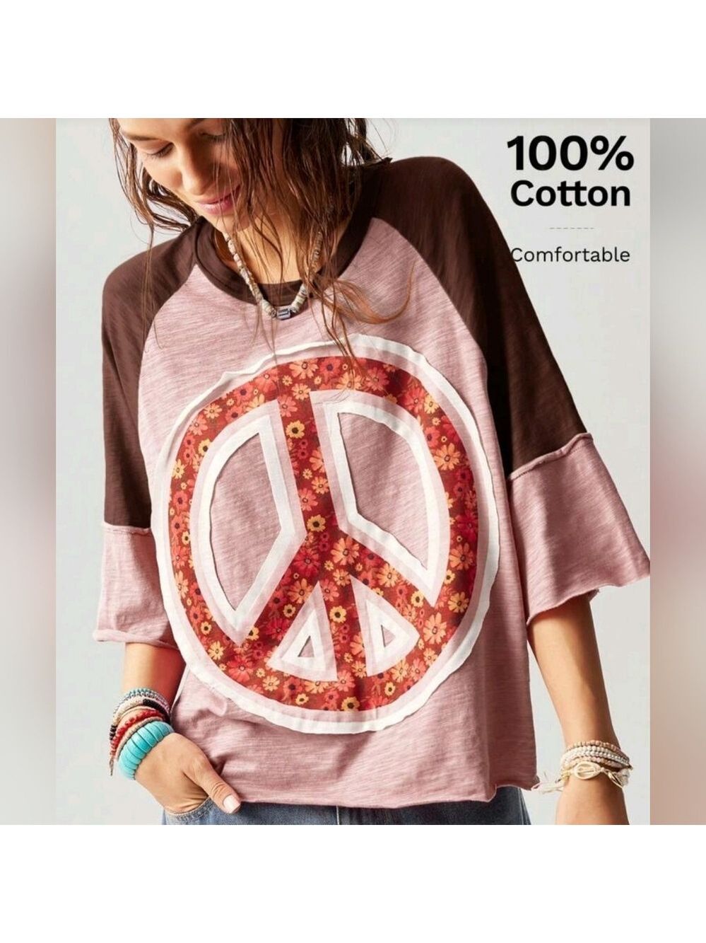 Boho Raw Edge Short Sleeve Pink & Brown Top Size 12